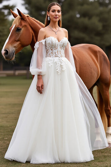 Blanc dénudé lanterne manches boho balayage traîne robe de mariée avec dentelle